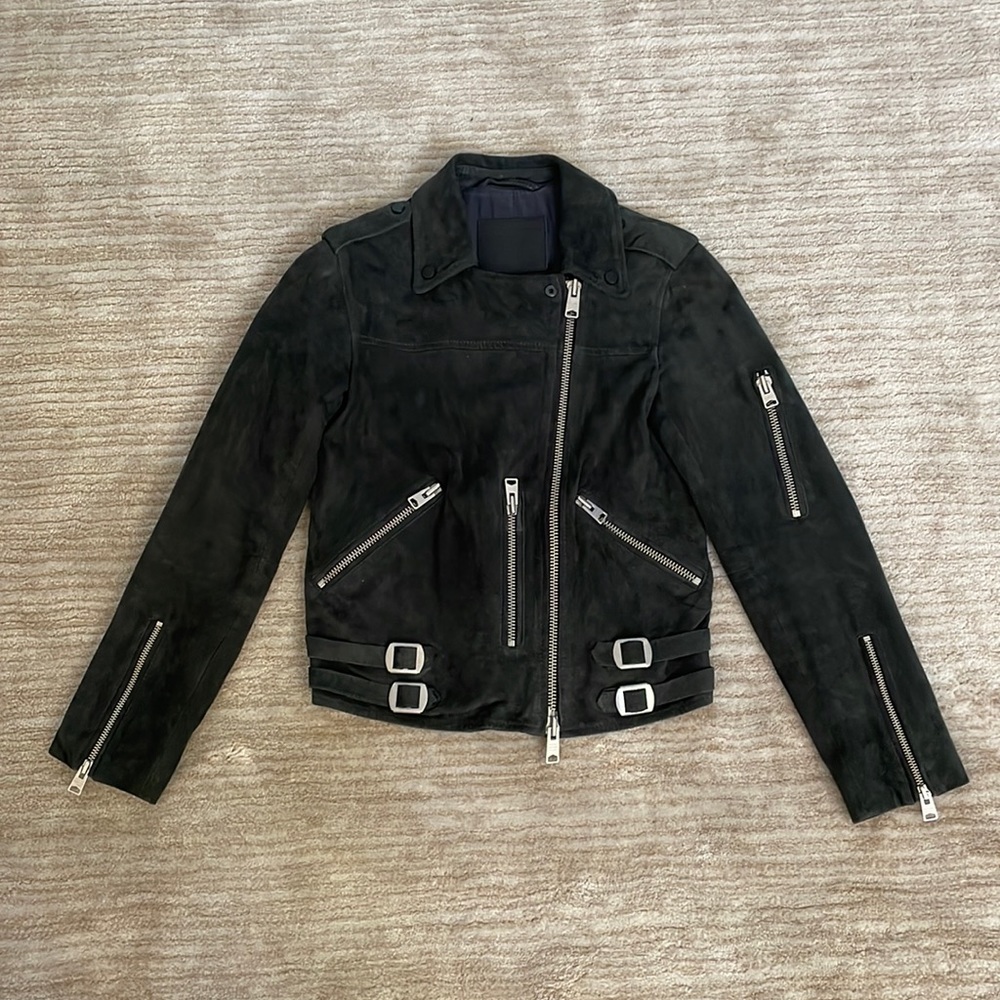 All Saints Edwards Biker Goat Suede Biker Jacket Navy/Gray Size US 2 - Picture 2 of 9